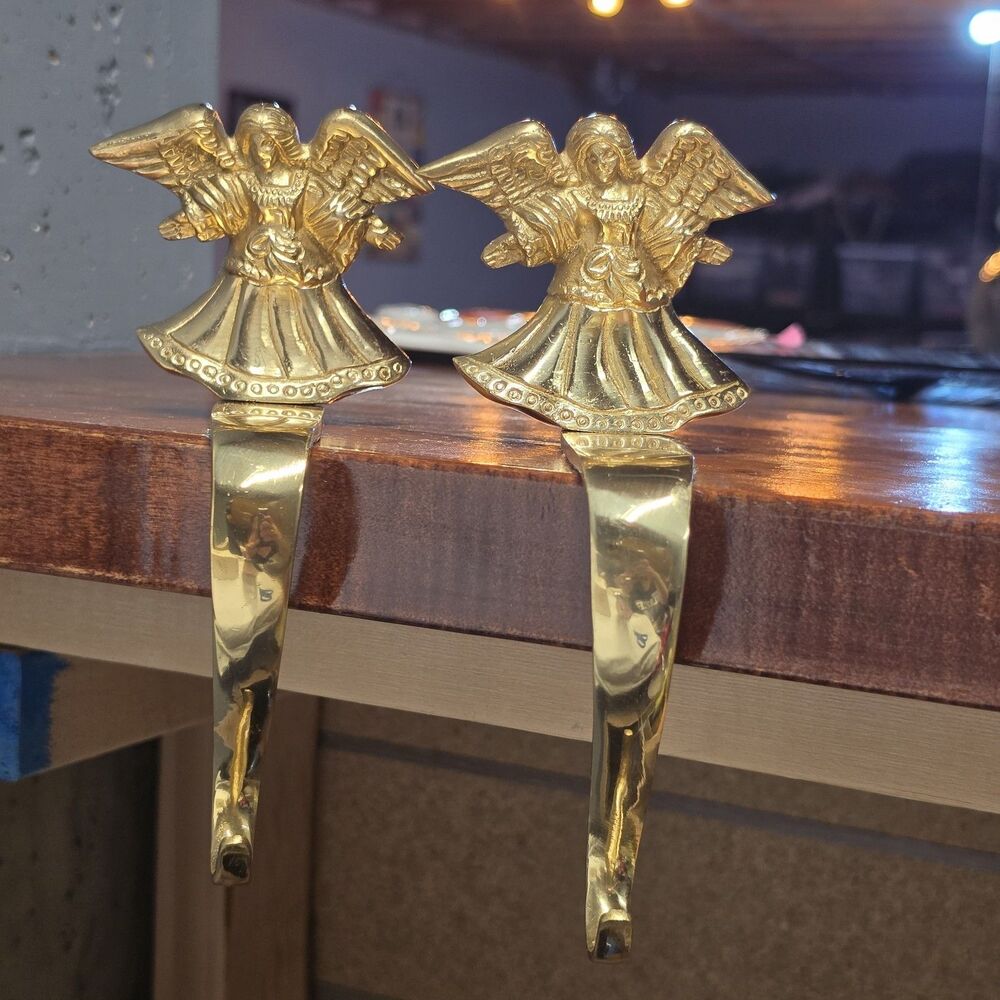 Vintage Brass Angel Stocking Holders Set of 2 Christmas Holiday Decor